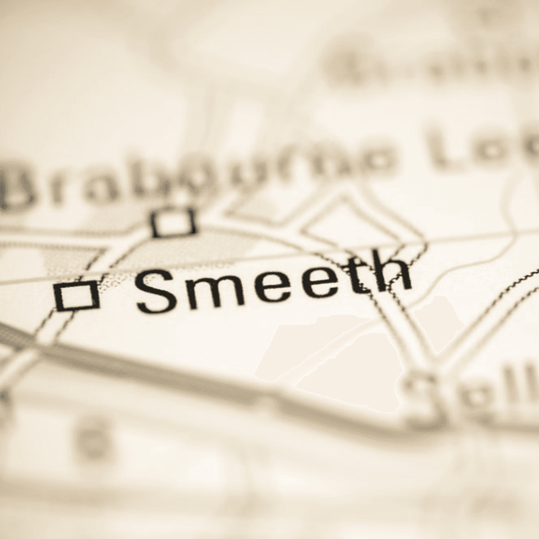Close-up view of a map showing the location of Smeeth with surrounding areas and roads. - Home Instead