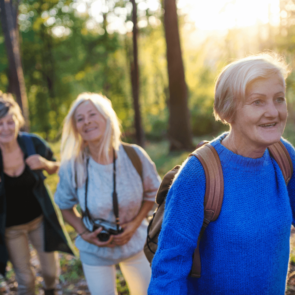 Three older women hiking in a forest, one holding a camera, with sunlight filtering through the trees. - Home Instead