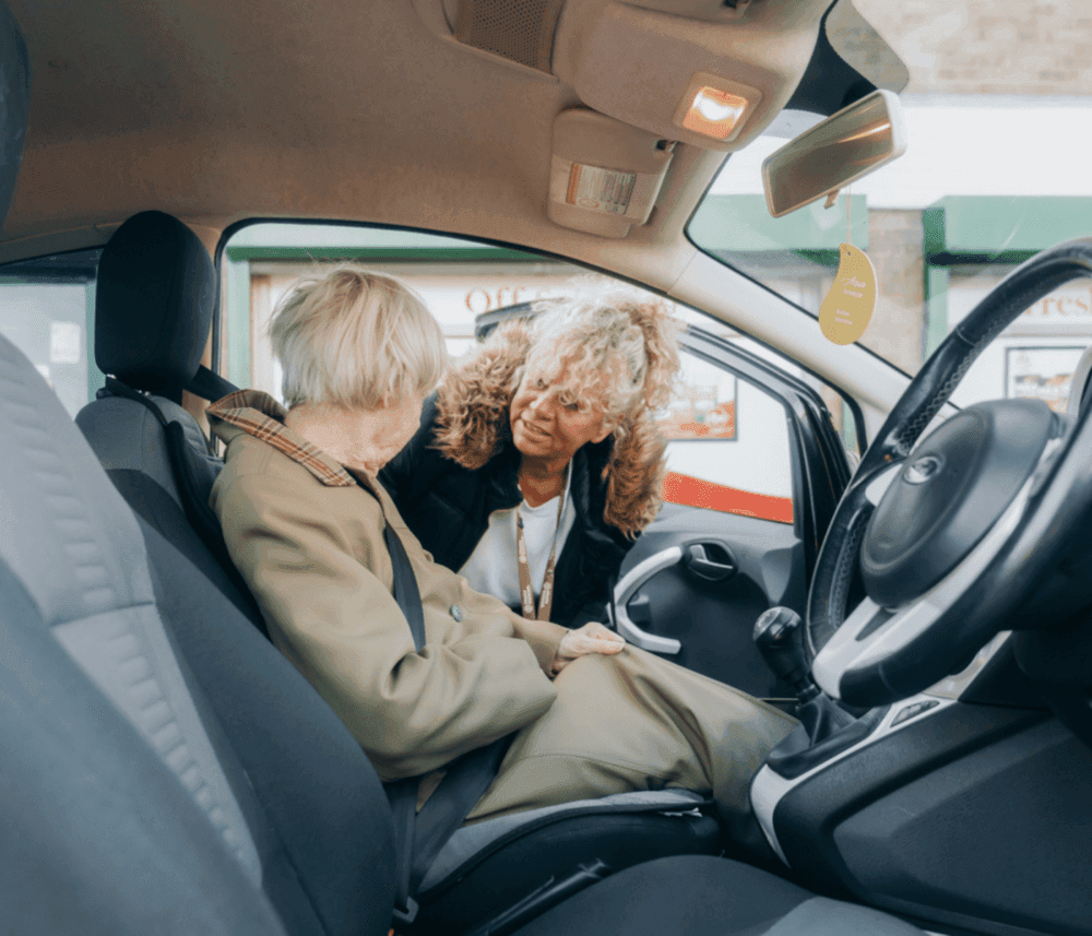 Two women, one elderly sitting in a car as the other stands outside, engaged in conversation near a grocery store. - Home Instead