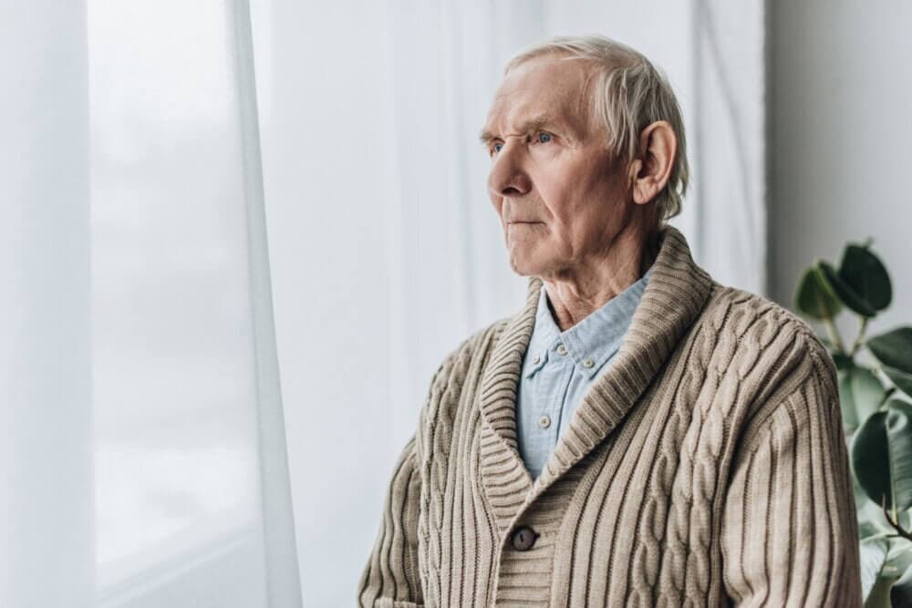 Elderly man in a knitted sweater gazing out of a window beside a potted plant. - Home Instead