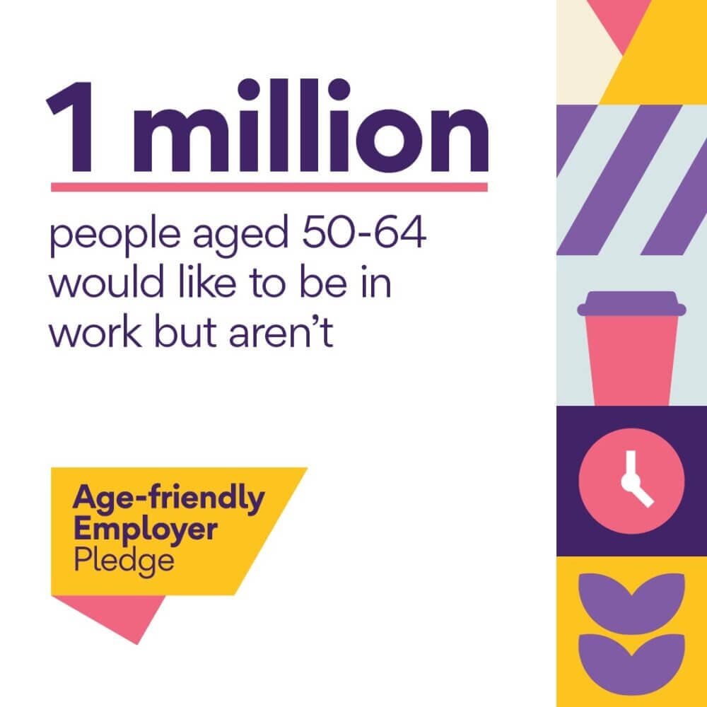 Infographic: 1 million people aged 50-64 would like to be in work but aren't. Age-friendly Employer Pledge logo. - Home Instead