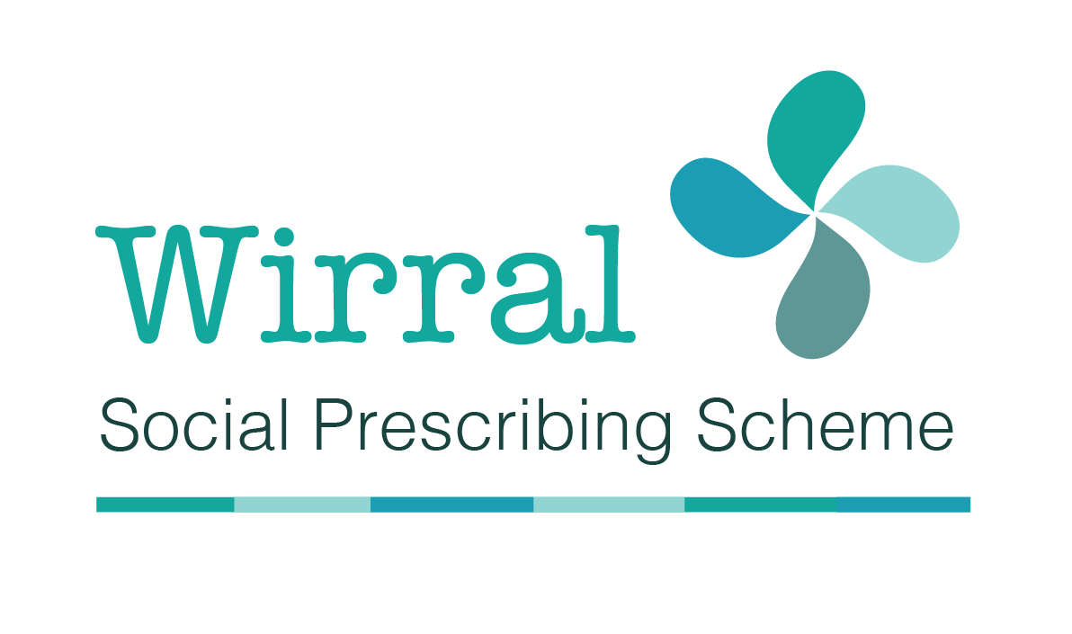 Logo of Wirral Social Prescribing Scheme with teal-colored text and a stylized flower graphic. - Home Instead