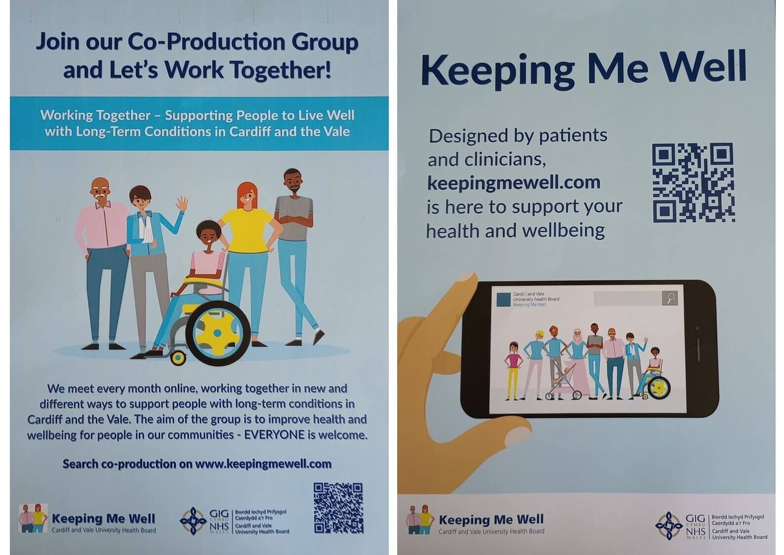 Two flyers for Keeping Me Well: one about joining a Co-Production Group, and one promoting the keepingmewell.com website. - Home Instead