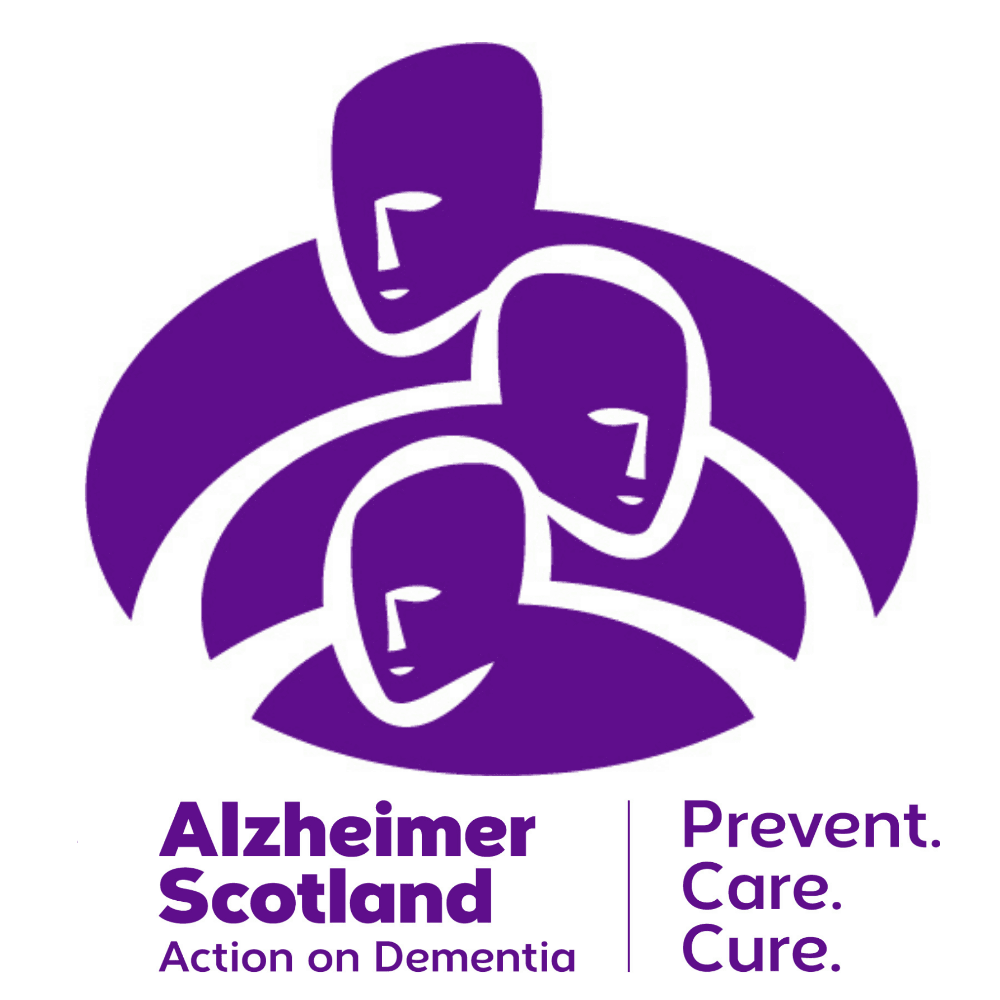 Alzheimer Scotland logo with three stylized purple faces and the text "Alzheimer Scotland: Prevent. Care. Cure. - Home Instead Renfrewshire and Barrhead