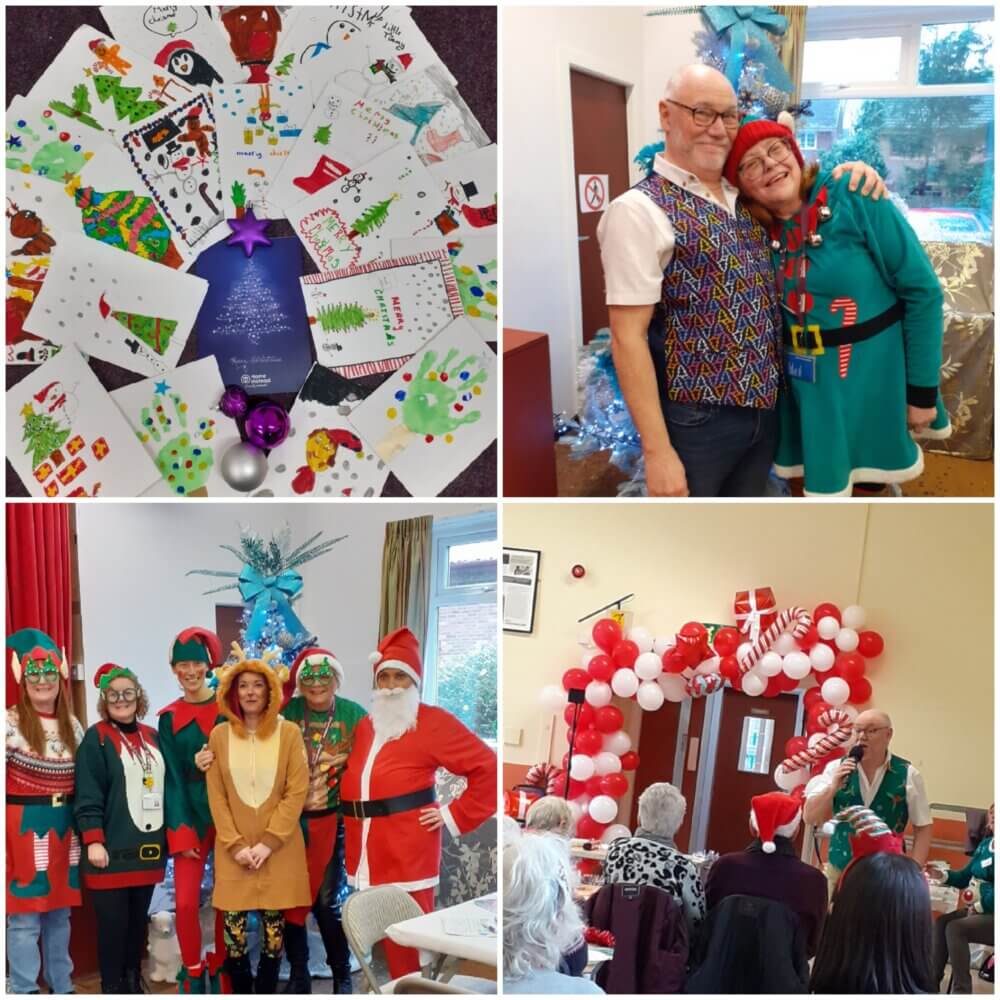 A festive holiday collage showing a display of cards, a couple embracing, and a holiday party with Santa and decorated hall. - Home Instead
