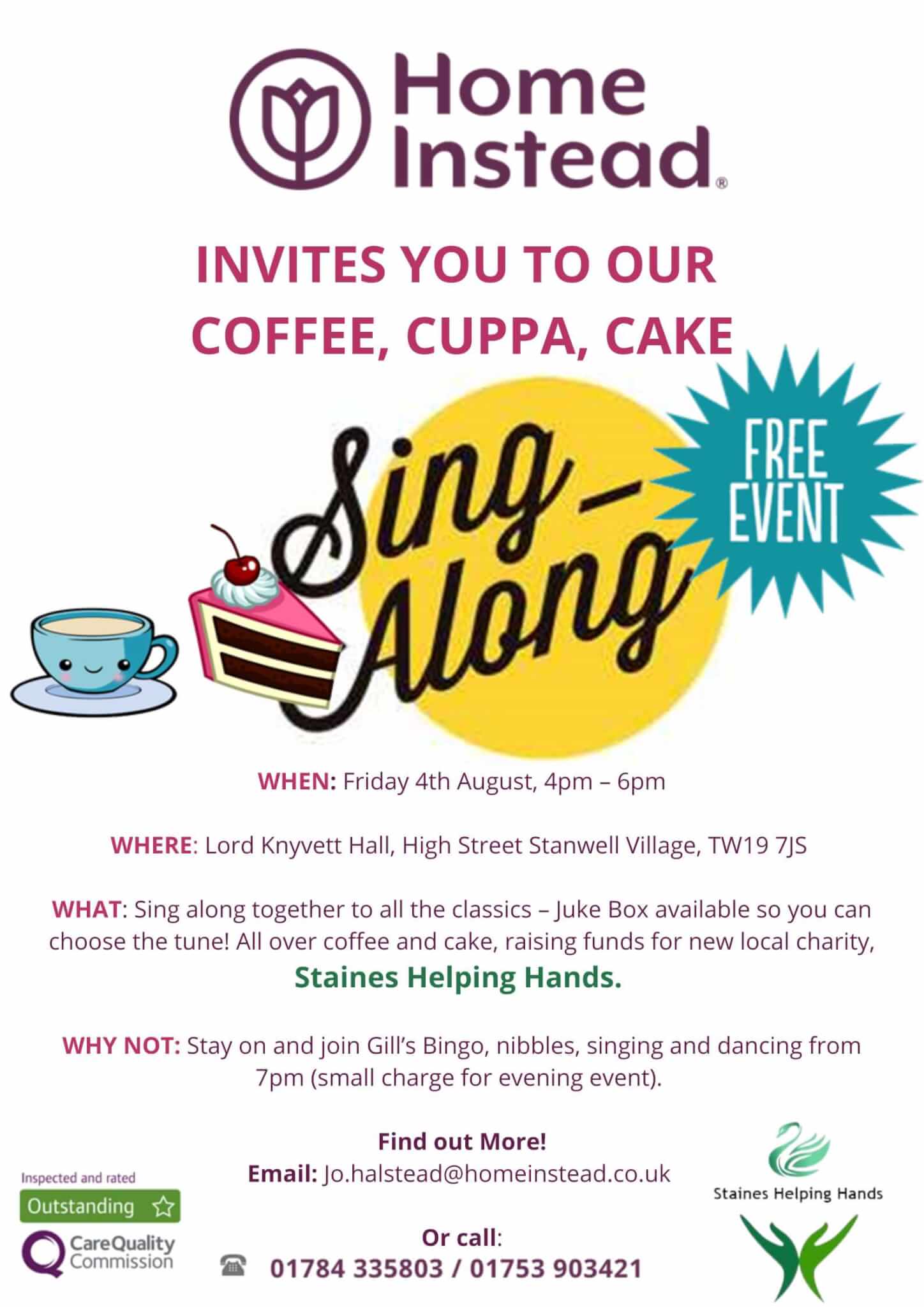 Flyer for Home Instead's free coffee, cuppa, cake sing-along event on Friday, August 4th, 4-6pm, at Lord Knyvett Hall. - Home Instead