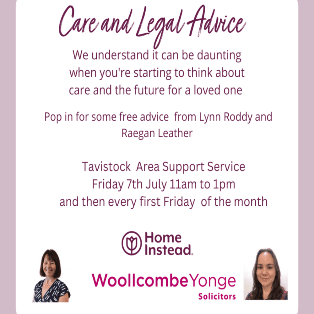 Flyer for care and legal advice event with photos of two women, organized by Home Instead and Woollcombe Yonge Solicitors. - Home Instead