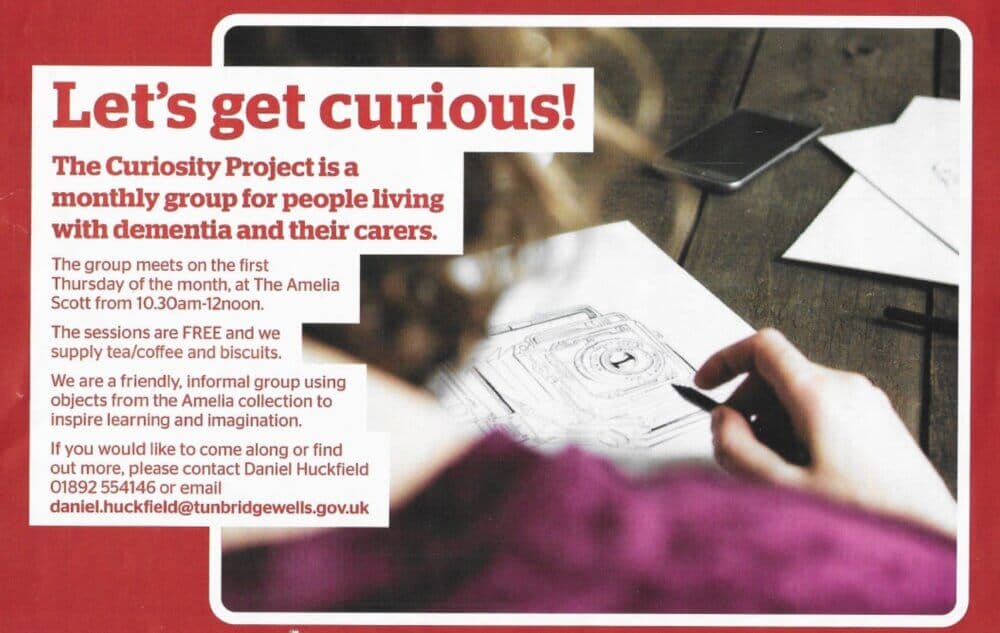 Flyer for The Curiosity Project, a monthly group for people with dementia and carers, meeting on the first Thursday. - Home Instead