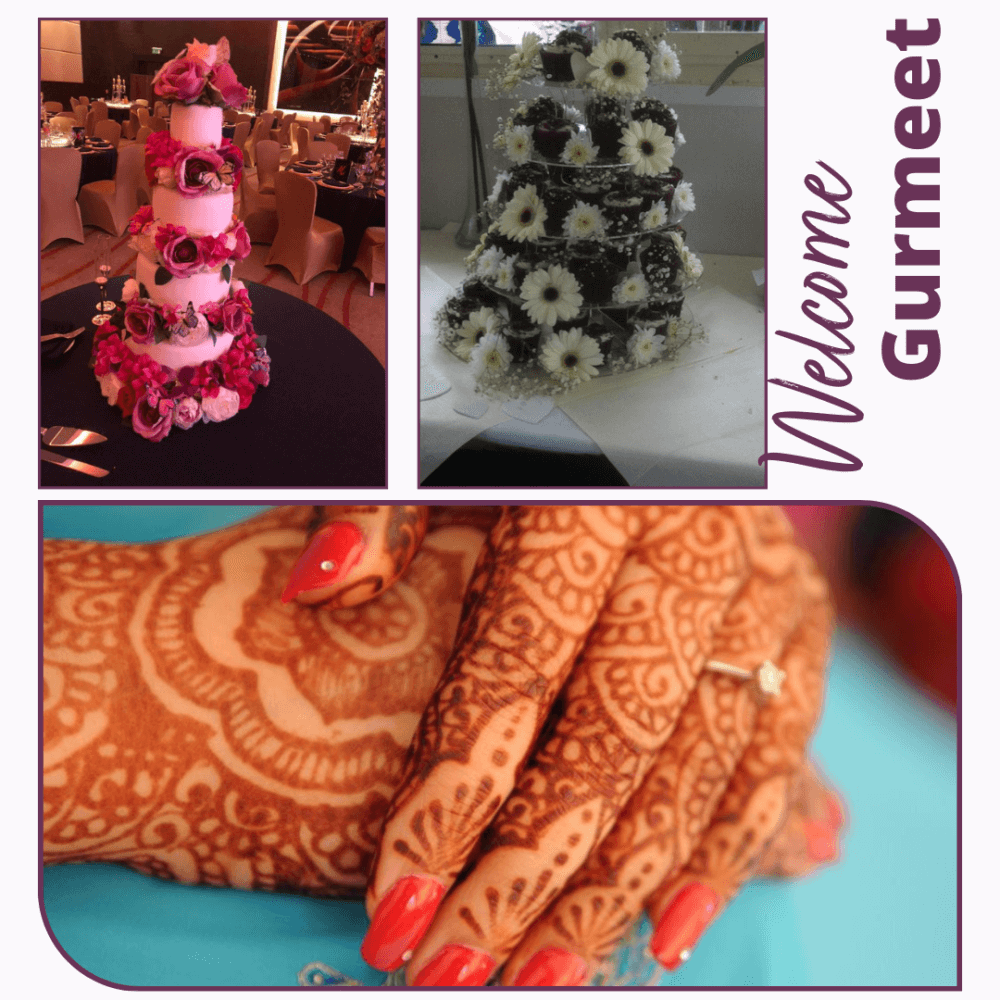 Collage: Two wedding cakes, one floral and one chocolate; henna-adorned hands with red nails and a ring; text "Welcome Gurmeet". - Home Instead