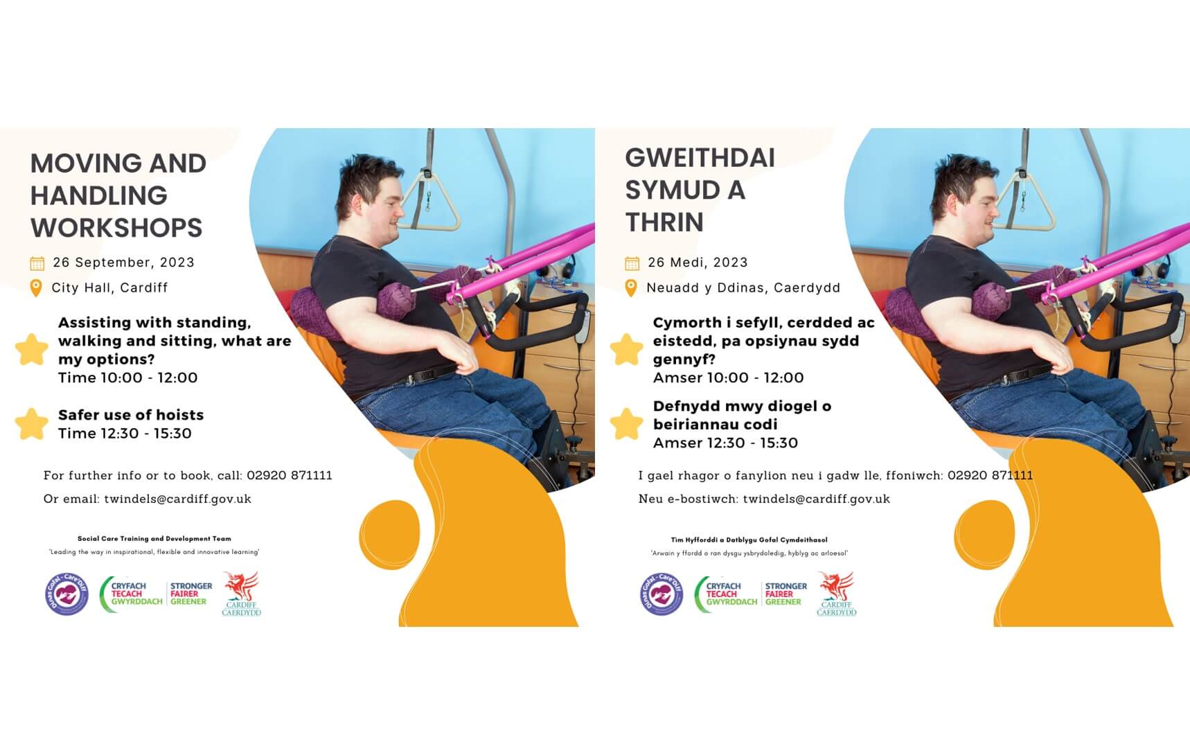 Man using a hoist, promoting moving and handling workshops in Cardiff in both English and Welsh. - Home Instead
