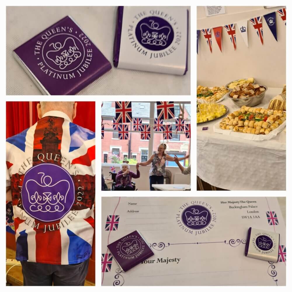 A celebration of The Queen's Platinum Jubilee featuring decorations, food, commemorative items, and attendees dancing. - Home Instead