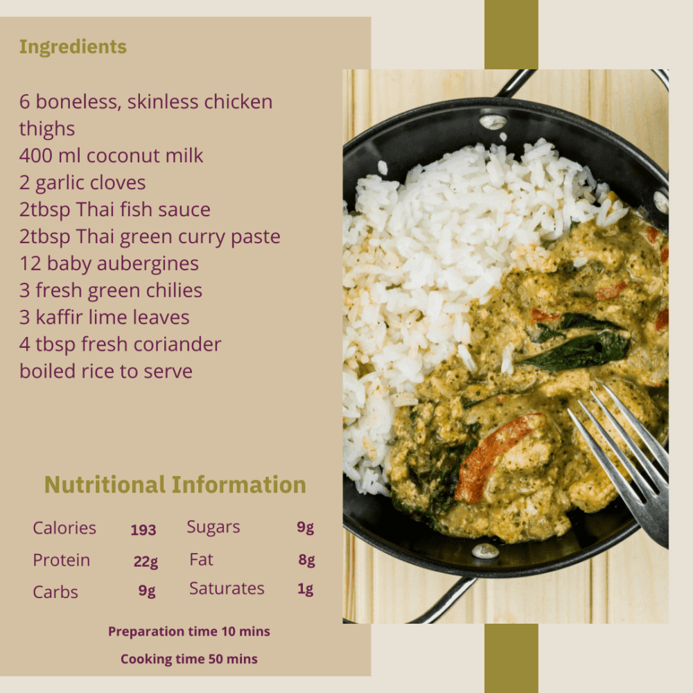 A pan of green Thai curry with chicken and vegetables served with rice, accompanied by a recipe and nutritional information. - Home Instead