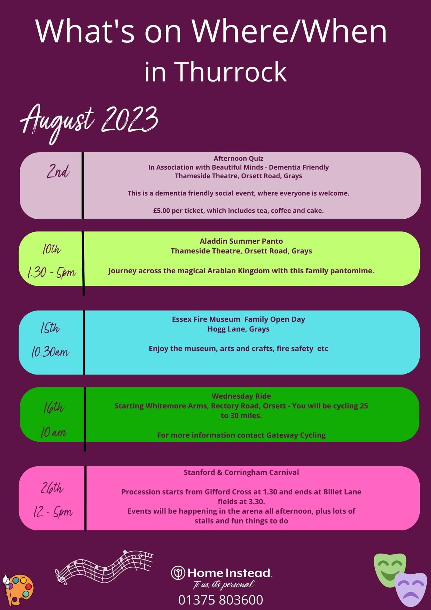 August 2023 events in Thurrock: includes social events, quizzes, panto, museum and carnival days, cycling, and theatrical performances. - Home Instead