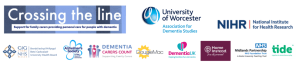 Logos for dementia support organizations and institutes, including University of Worcester and National Institute for Health Research. - Home Instead