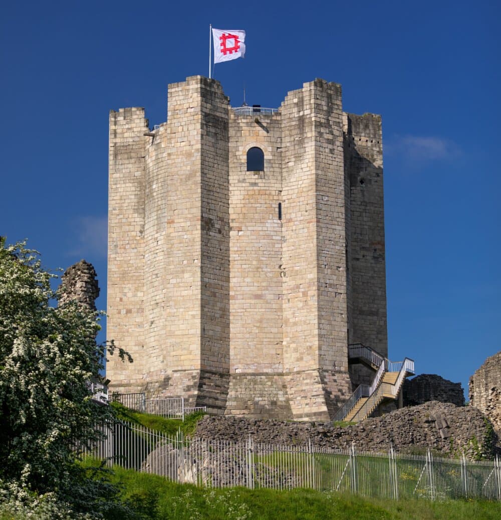 A tall, stone medieval castle with a flag on top, surrounded by greenery and ruins under a clear blue sky. - Home Instead