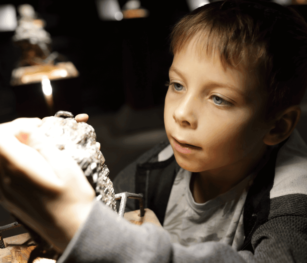 Young boy closely examines a rock or mineral specimen in a dimly lit setting, possibly a museum or exhibit. - Home Instead