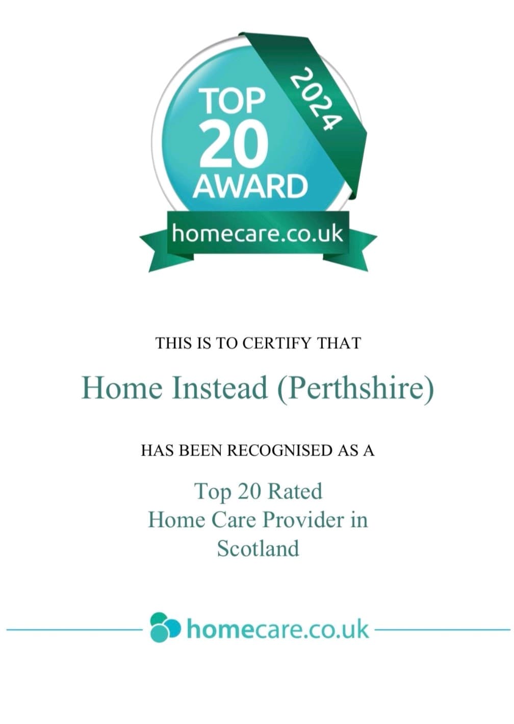 Certificate for Home Instead (Perthshire) as a Top 20 Rated Home Care Provider in Scotland, 2024. - Home Instead