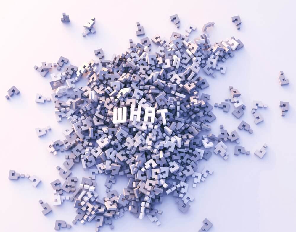 A pile of 3D question marks with the word "WHAT" in white letters at the center. - Home Instead