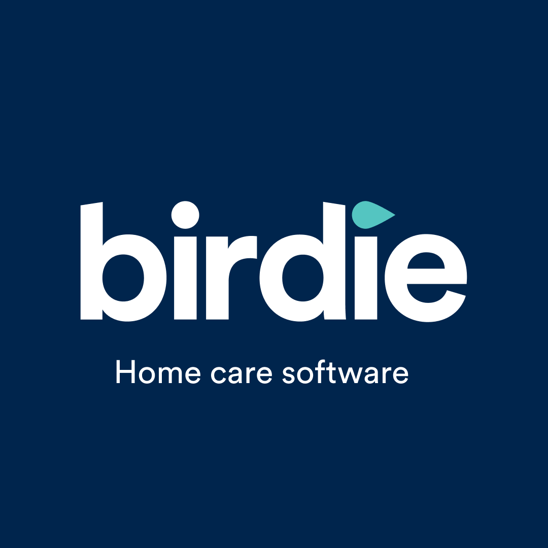 Logo of Birdie featuring the text "birdie" with a bird dotting the "i" and "Home care software" underneath, on a blue background. - Home Instead