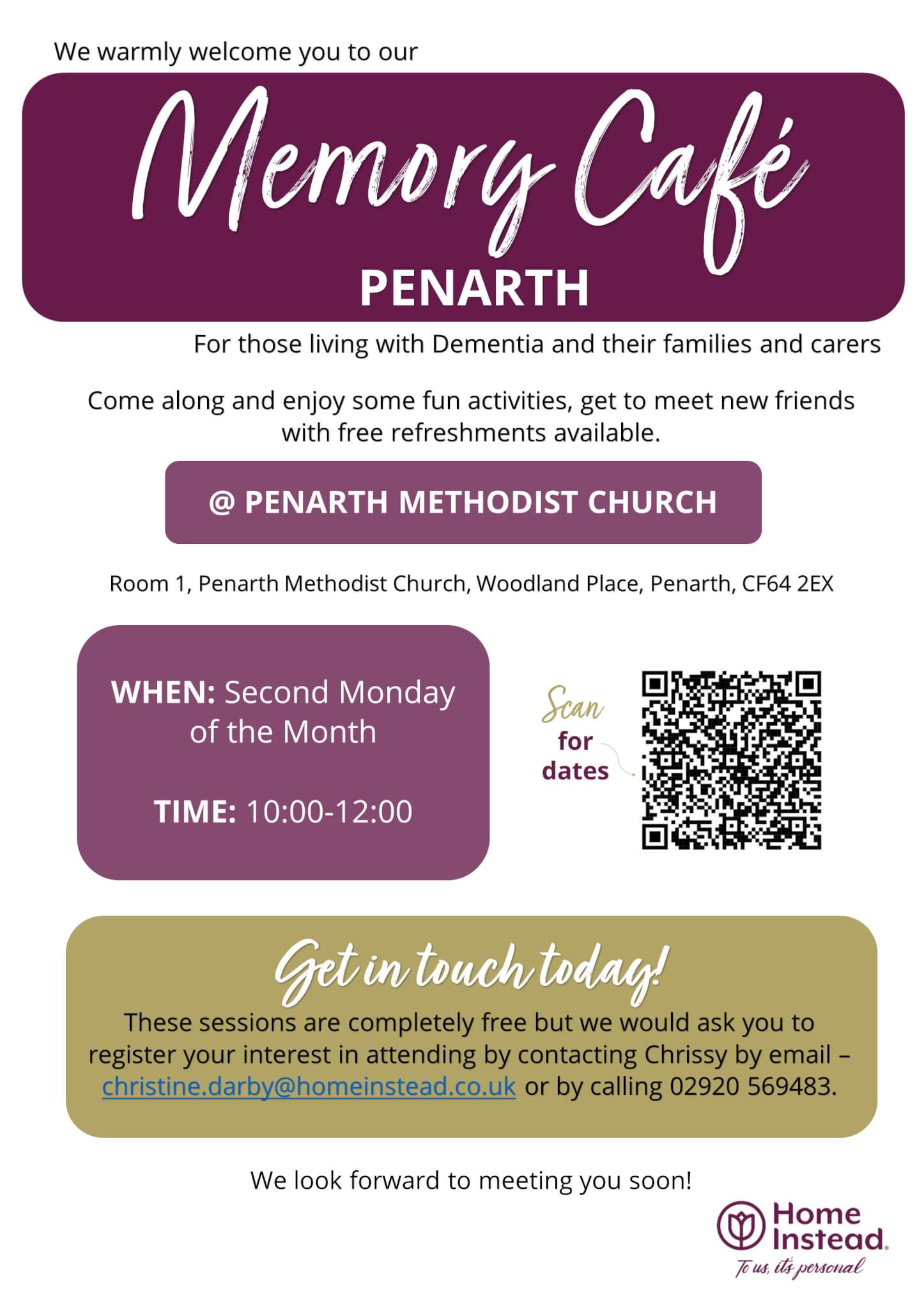 Flyer for Memory Café Penarth at Penarth Methodist Church, held every second Monday, 10:00-12:00. Contact info included. - Home Instead