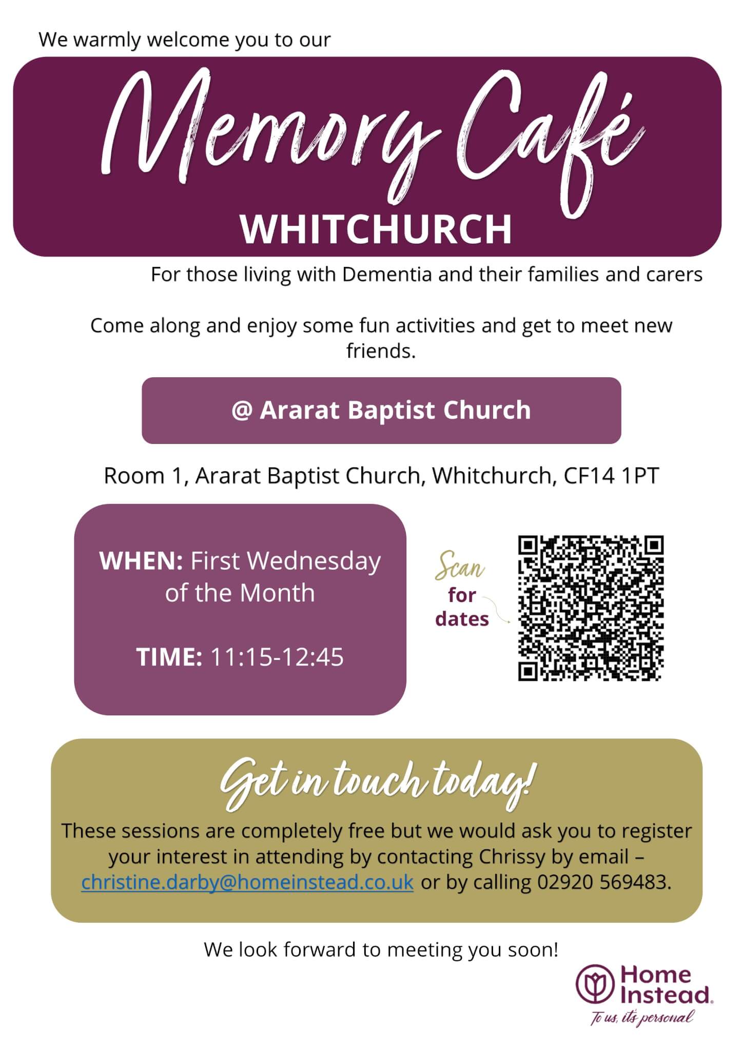 Flyer for Memory Café at Ararat Baptist Church, Whitchurch, for those with dementia and their carers. Contact info included. - Home Instead