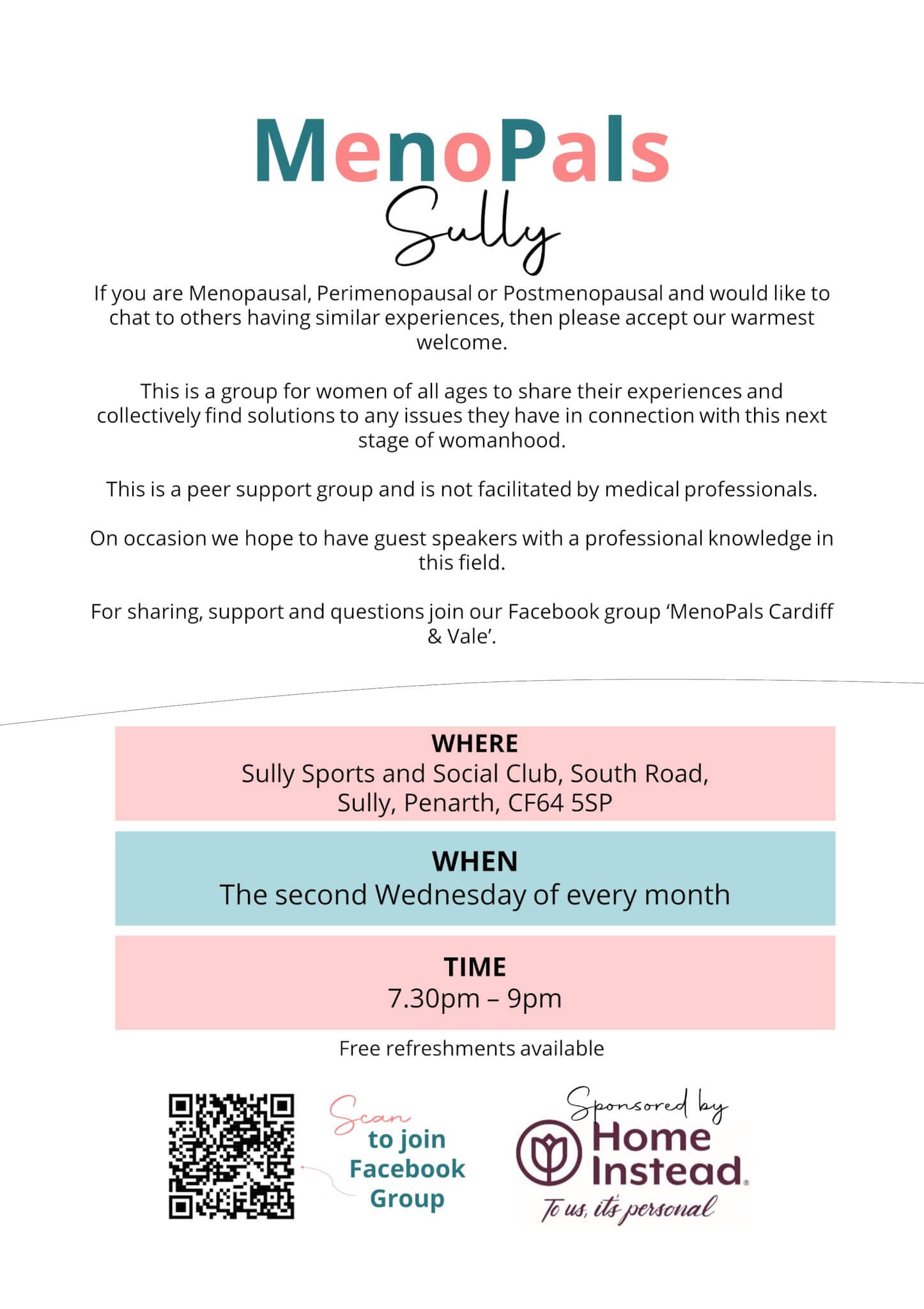 Flyer for MenoPals Sully meeting details. When: 2nd Wednesday of each month, 7:30-9pm. Where: Sully Sports and Social Club. - Home Instead