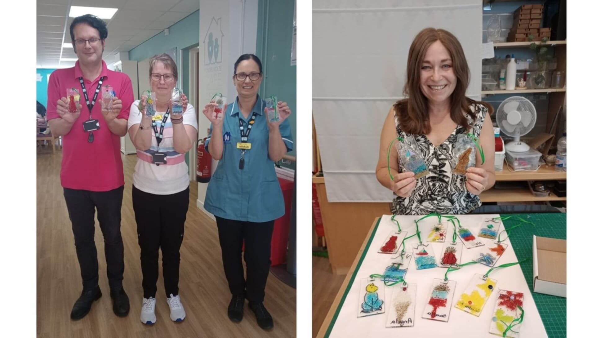 Three people showing crafts on left; woman holding crafts and table with more crafts on right. - Home Instead