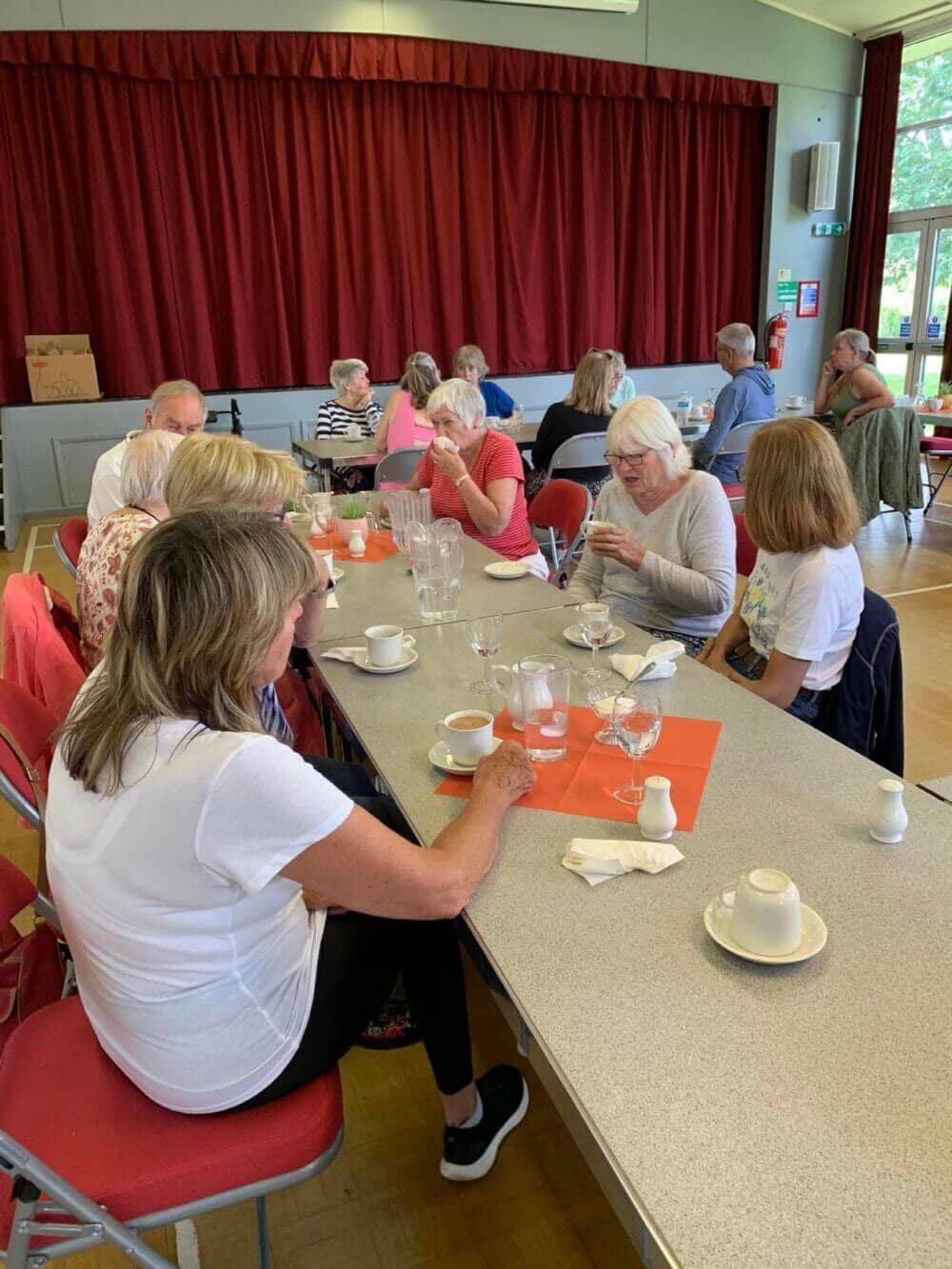 A group of people sitting around tables with cups and glasses in a room with a red curtain in the background. - Home Instead