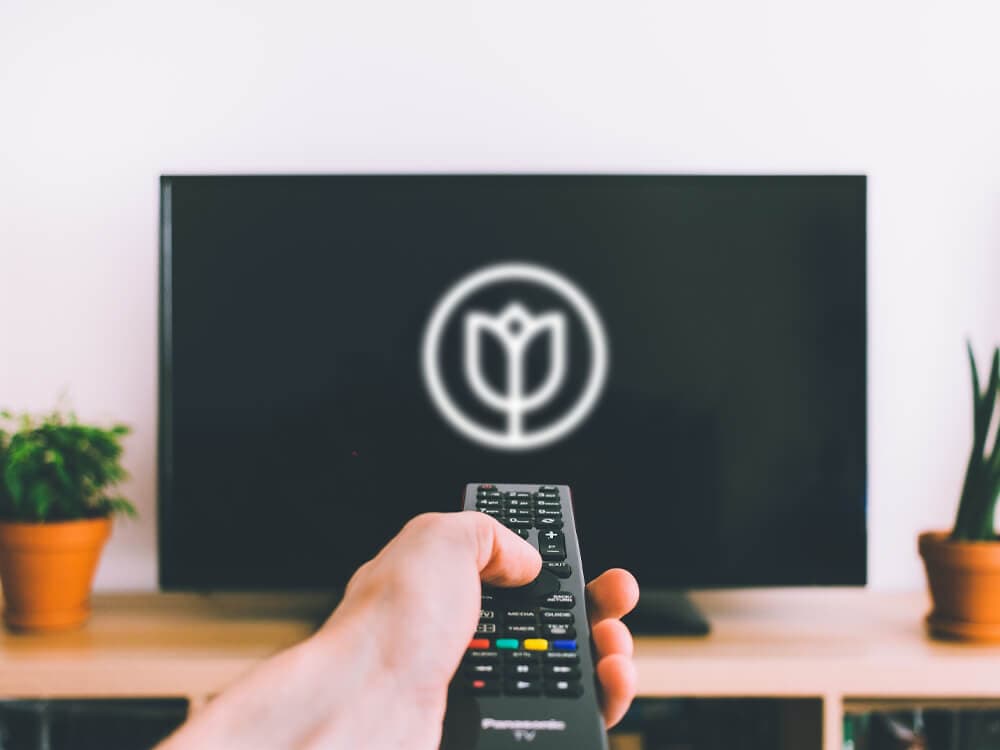 Hand holding a remote control, pointing at a TV screen with a flower symbol. Plants are on a stand below the TV. - Home Instead