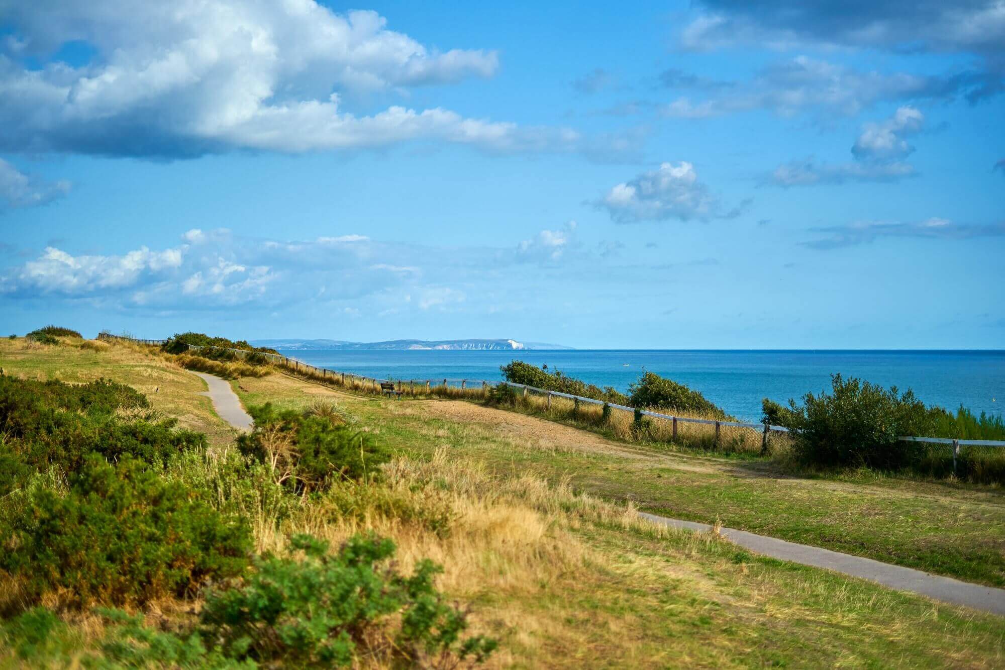 A coastal pathway with grassy terrain, leading towards the sea under a partly cloudy blue sky. - Home Instead Bournemouth & Christchurch