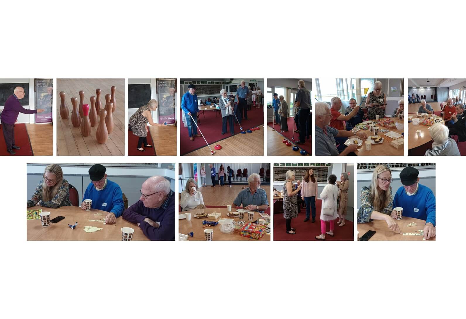 People engaging in various indoor activities, including bowling, board games, and crafts, in a community center. - Home Instead