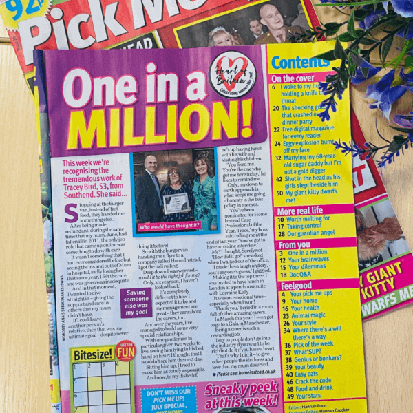 Colorful magazine page featuring an article titled "One in a MILLION!" and a contents list on the right side. - Home Instead