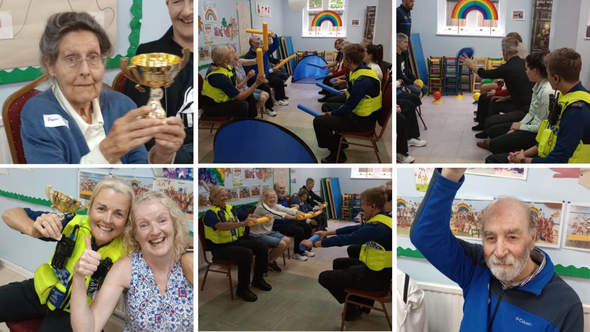 A collage showing seniors and young people in a colorful room engaging in various activities, smiling, and holding trophies. - Home Instead
