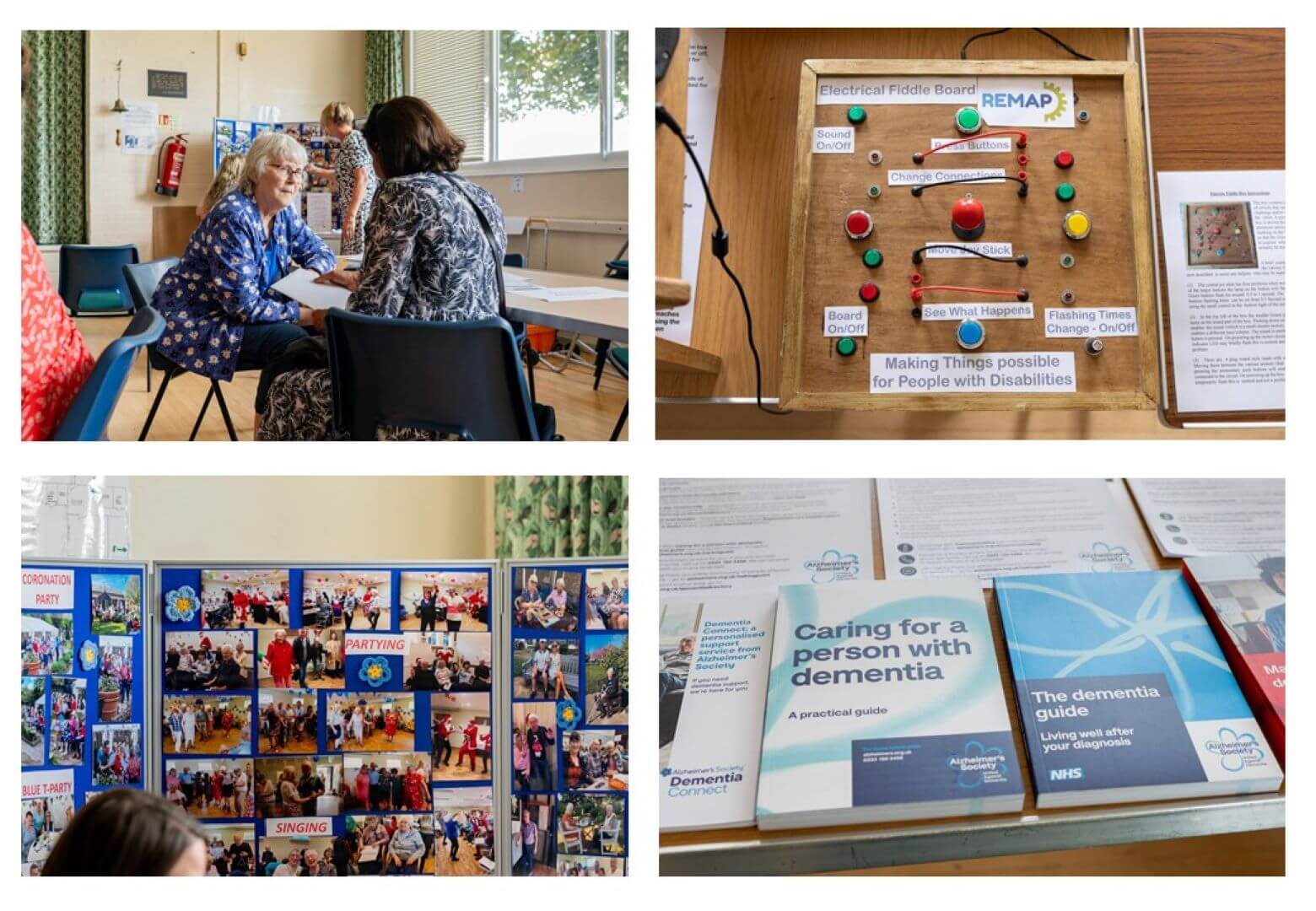 A community event with discussions, a board for people with disabilities, photo displays, and dementia care pamphlets. - Home Instead