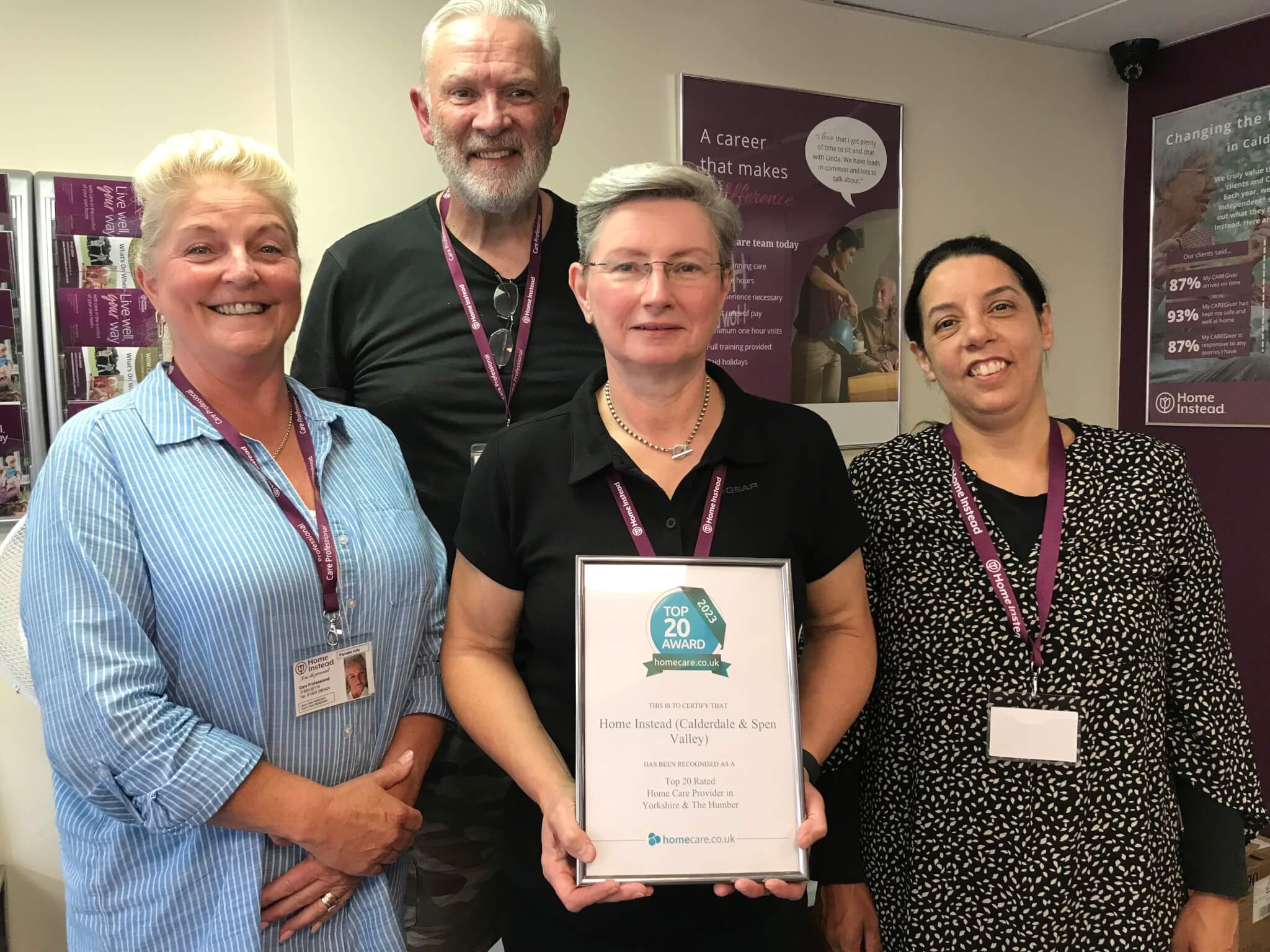 Four people stand together smiling, with one holding a "Top 20 Award" certificate from Home Instead. - Home Instead