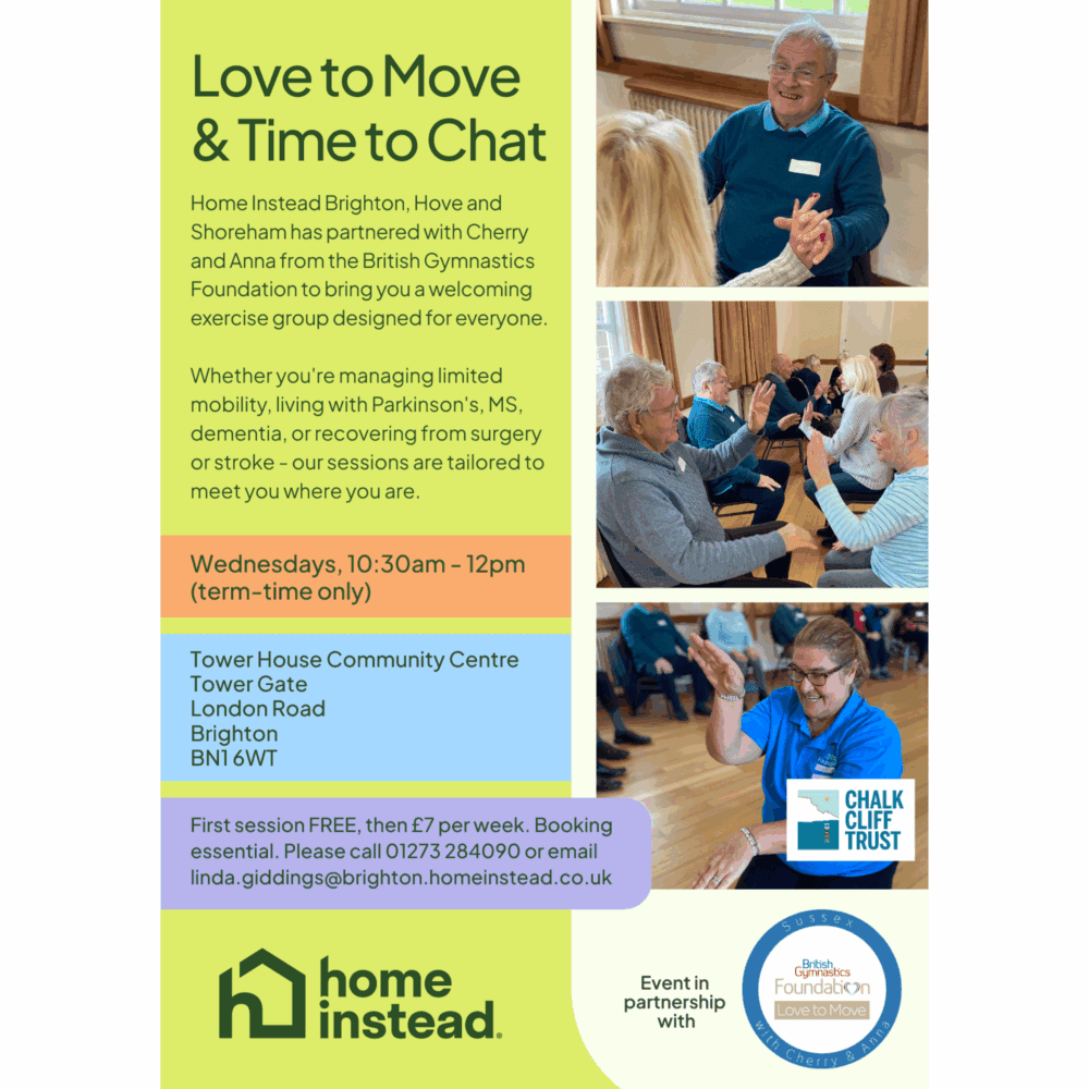 Poster advertising “Love to Move & Time to Chat,” a weekly seated exercise and social group for older adults in Brighton, with photos of participants enjoying gentle movement activities together.