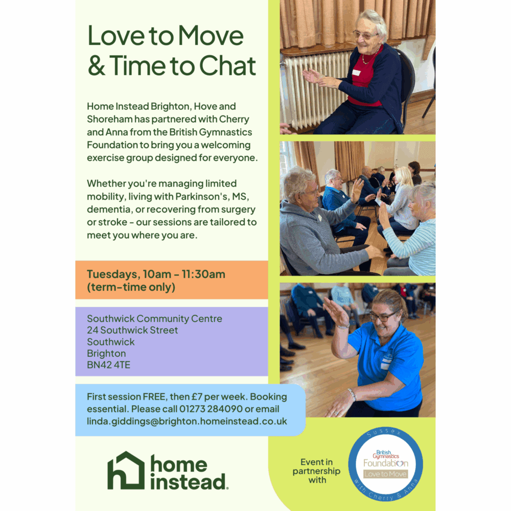 Poster promoting “Love to Move & Time to Chat,” a seated exercise and social group for older adults in Southwick, featuring photos of participants enjoying gentle movement activities.