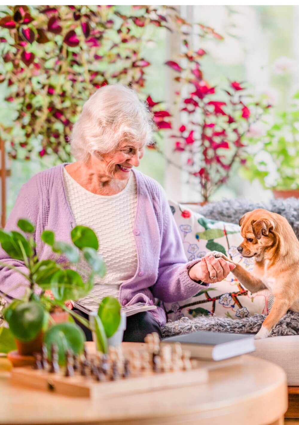 Elderly woman in a lavender cardigan, sitting on a floral-patterned couch, smiles while holding a small dog's paw. - Home Instead Bournemouth & Christchurch