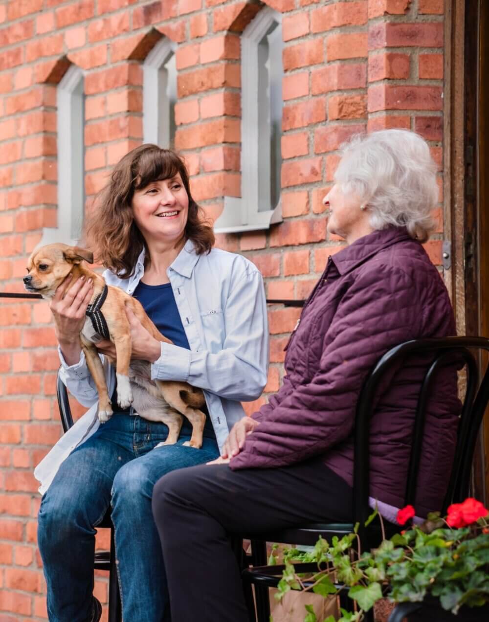 Two women sitting on chairs against a brick wall, one holding a small dog, smiling and talking. - Home Instead
