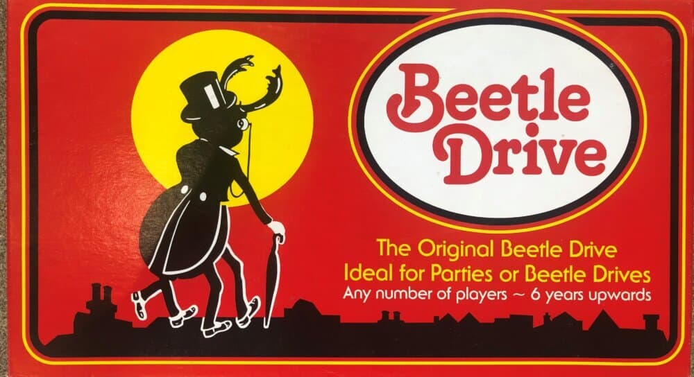 Box cover of "Beetle Drive" game with an anthropomorphic beetle in a top hat and a cane against a red and yellow background. - Home Instead