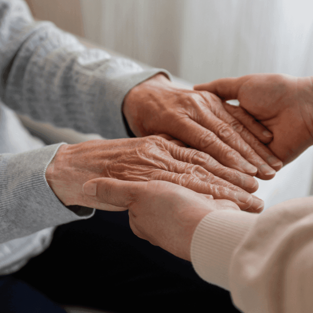 Close-up of an elderly person's hands being gently held by a younger person. - Home Instead