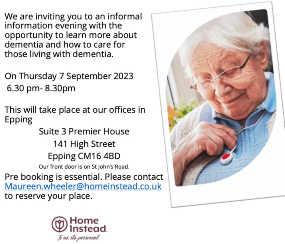 Flyer for a dementia information evening by Home Instead, on 7 Sept 2023, 6:30-8:30 PM, at Suite 3 Premier House, Epping. - Home Instead