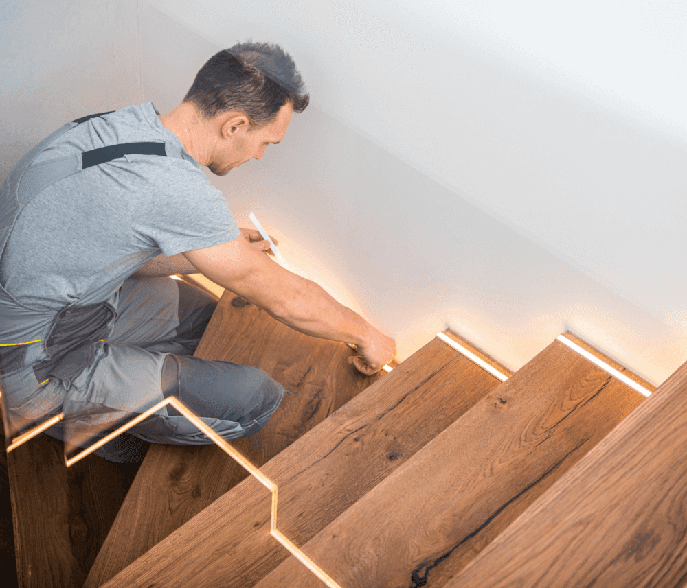 Worker installing LED strip lights along the edge of wooden stairs. - Home Instead