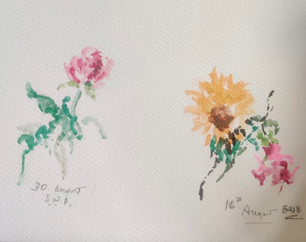 Watercolor painting of two flowers, one pink and one yellow, with handwritten dates and initials beside each flower. - Home Instead