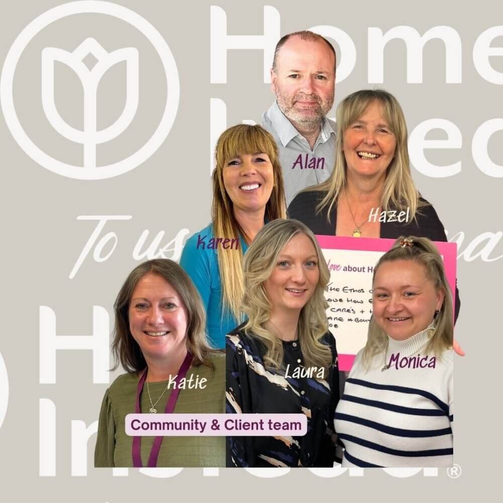 Group photo of six individuals from the Community & Client team at Home Instead, with names labeled. - Home Instead