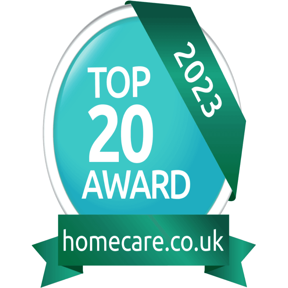 A green and blue badge displays "Top 20 Award 2023" and "homecare.co.uk" on a ribbon at the bottom. - Home Instead
