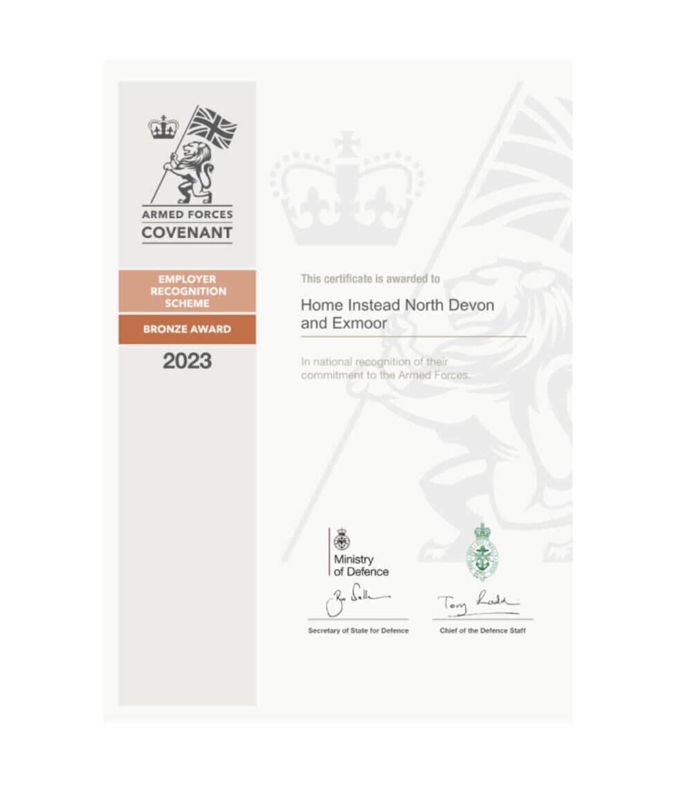 Certificate of the Armed Forces Covenant Bronze Award 2023, awarded to Home Instead North Devon and Exmoor. - Home Instead
