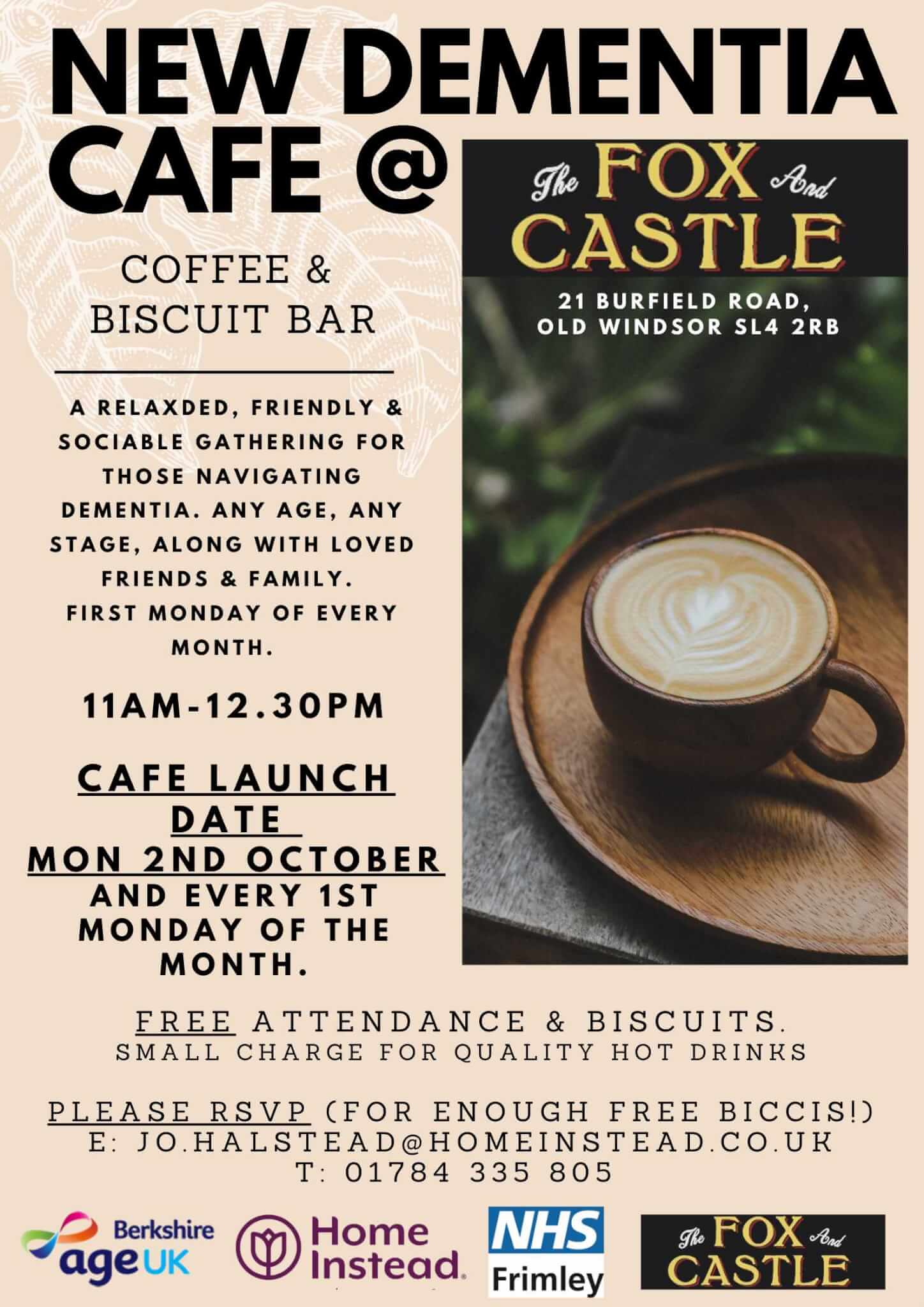 Flyer for a Dementia Café at The Fox and Castle, Old Windsor, every first Monday monthly, 11 AM to 12:30 PM. - Home Instead