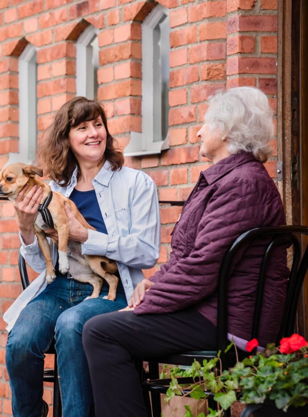 A woman holding a small dog smiles at an older woman sitting on a chair outside a brick building. - Home Instead