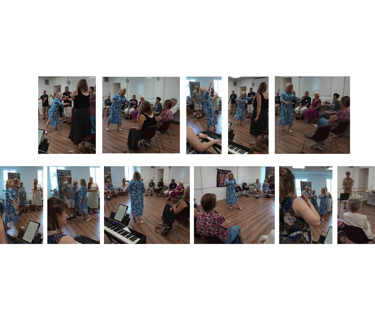 People gathered in a room, engaging in a musical and dance performance. Keyboard and audience visible. - Home Instead